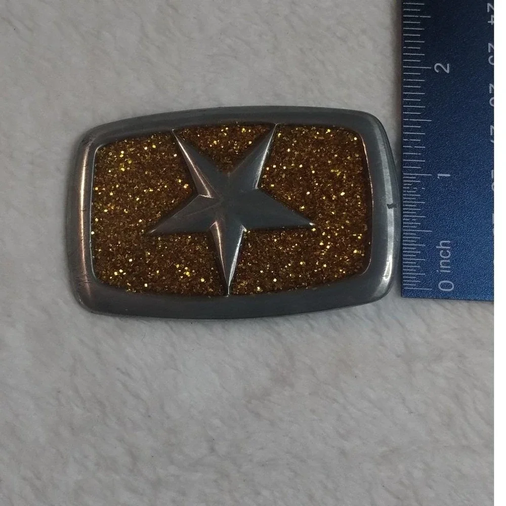 Y2K Silver Gold Glitter Star Belt Buckle Western‎ Celestial Rectangle 2.75in
